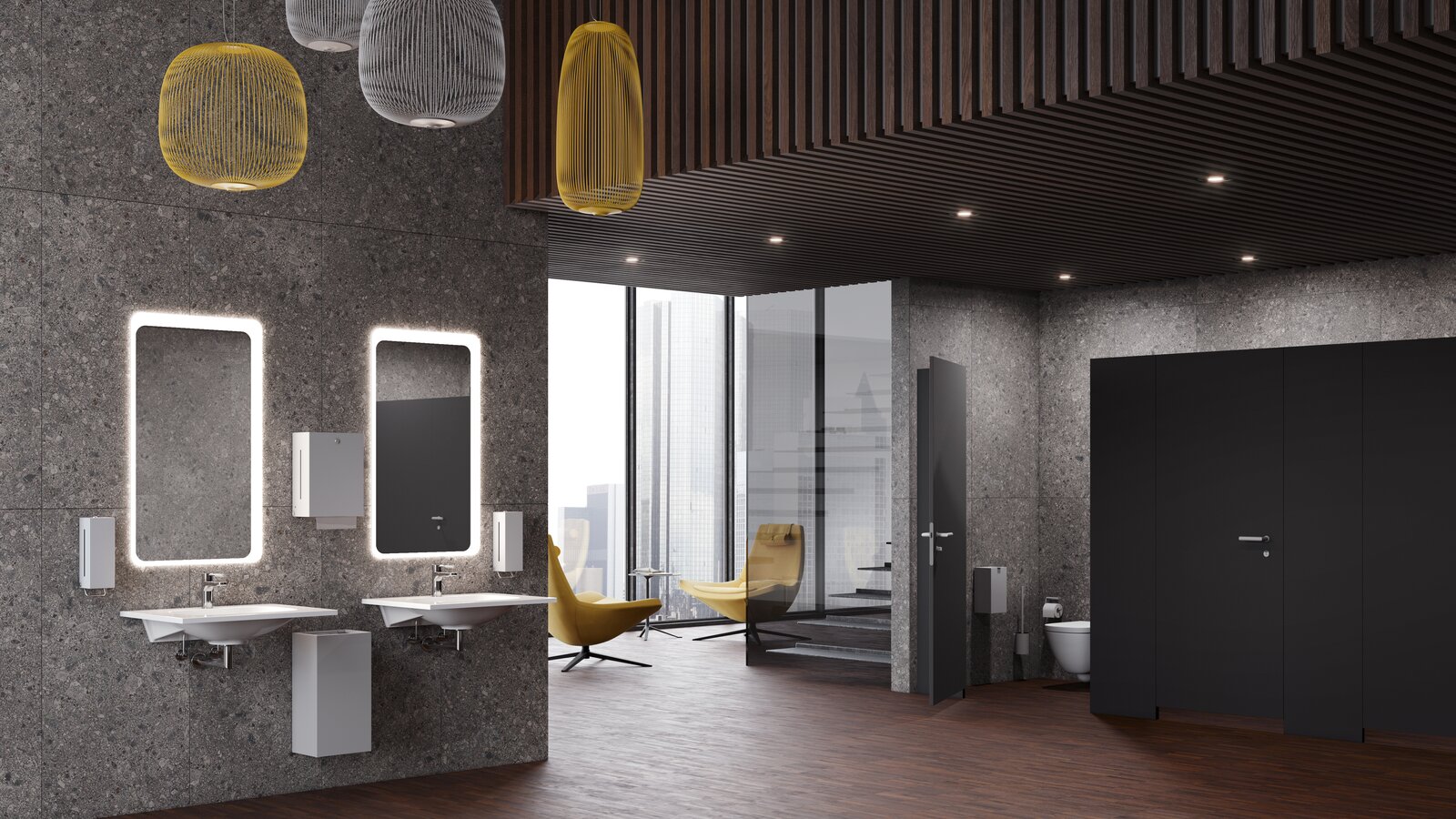 Öffentlicher Waschplatz ausgestattet mit HEWI Seifen- und Papiertuchspender in Hellgrau matt, WC-Kabine ausgestattet mit HEWI WC-Bürste und Papierrollenspender in Hellgrau matt
