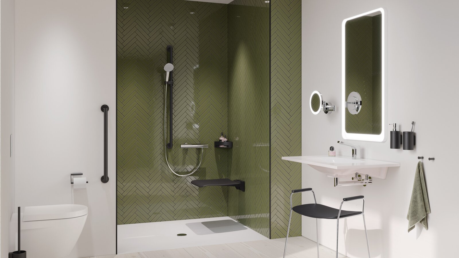 HEWI barrierefreies Bad System 900 Schwarz matt Barrierefreies Bad mit Waschplatz, Duschbereich und WC ausgestattet mit HEWI System 900 und Duschhocker in Schwarz matt