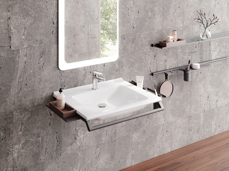 HEWI modularer Waschtisch Dunkelgrau matt Modularer Waschtisch mit Haltegriff und Ablagen für Badutensilien in der Farbe Dunkelgrau matt aus Edelstahl