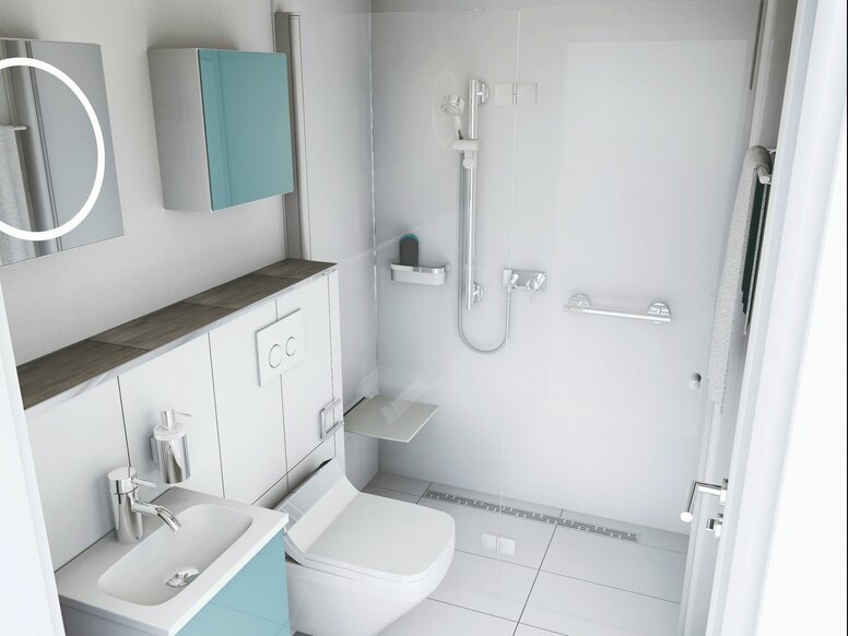 Kleines Bad mit Waschplatz, Duschbereich und WC ausgestattet mit HEWI Produkten, Ansicht hin zum Duschbereich