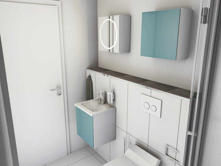 Kleines Bad mit Waschplatz, Duschbereich und WC ausgestattet mit HEWI Produkten, Ansicht hin zur Tür