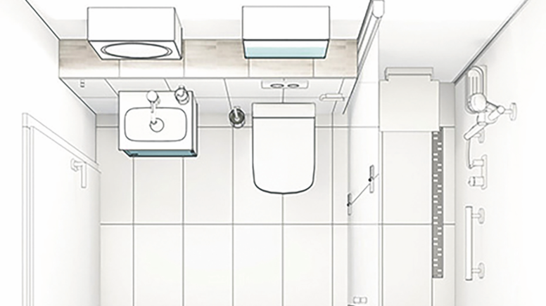 Kleines Bad mit Waschplatz, Duschbereich und WC ausgestattet mit HEWI Produkten, Zeichnung von oben